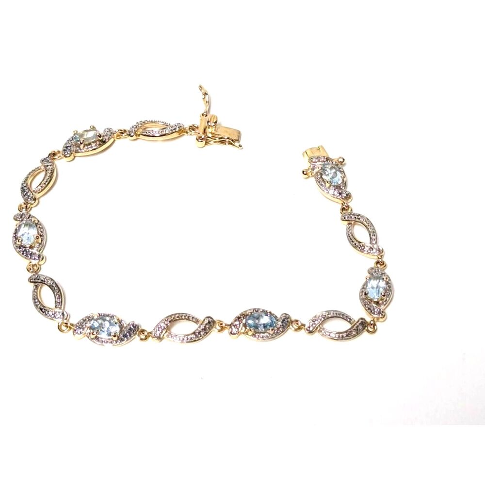 Vermeil 18k/.925 Sterling Blue Topaz Gem/Diamond Chips Bracelet 7"